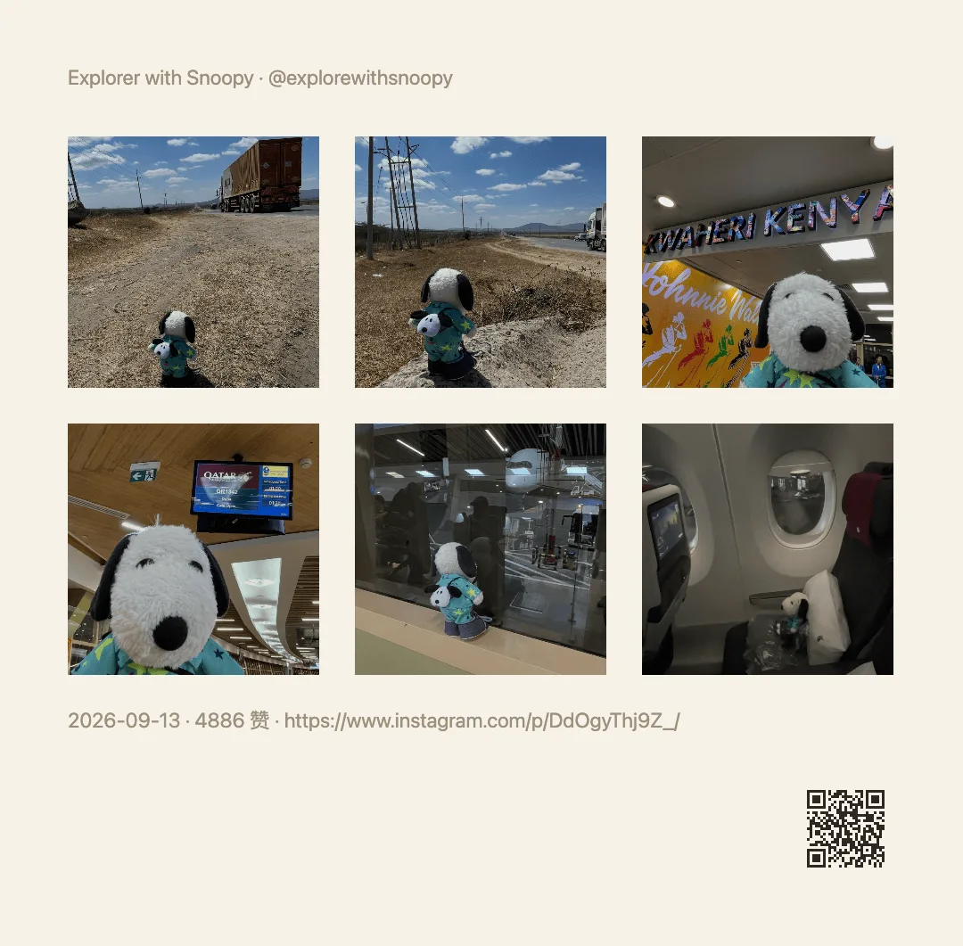 Instagram 六图帖子生成的图片墙卡片，含作者、日期、点赞与来源二维码