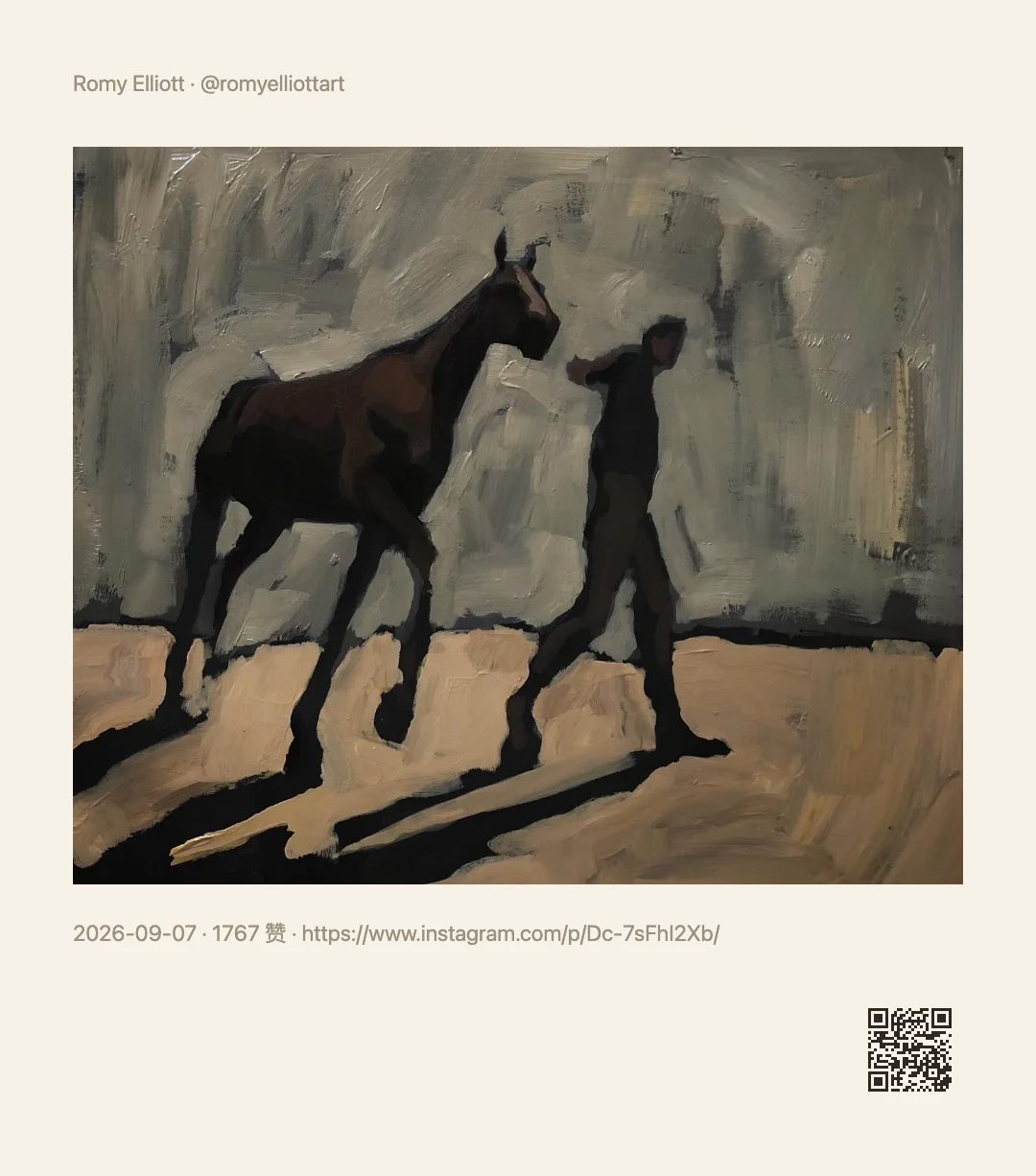A share image card generated from an Instagram post: the author and handle, the post's image, date and like count, the post link, and a QR code