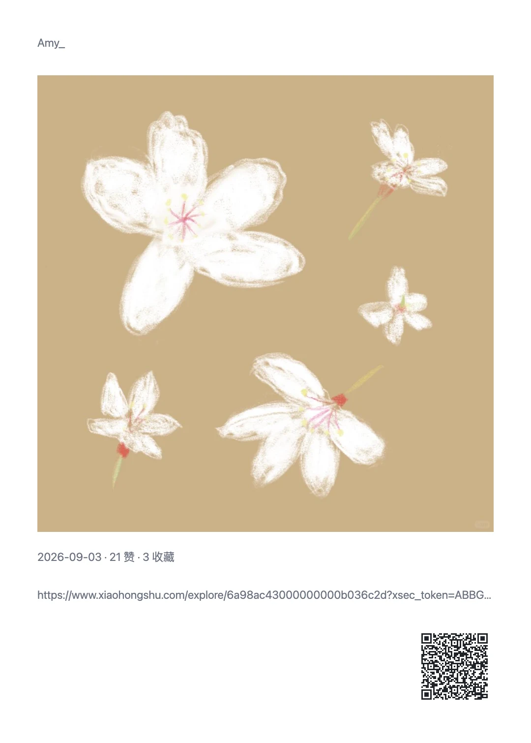 A share image card generated from a Xiaohongshu note: the author's name, the note's photo, date with likes and saves, the note link, and a QR code